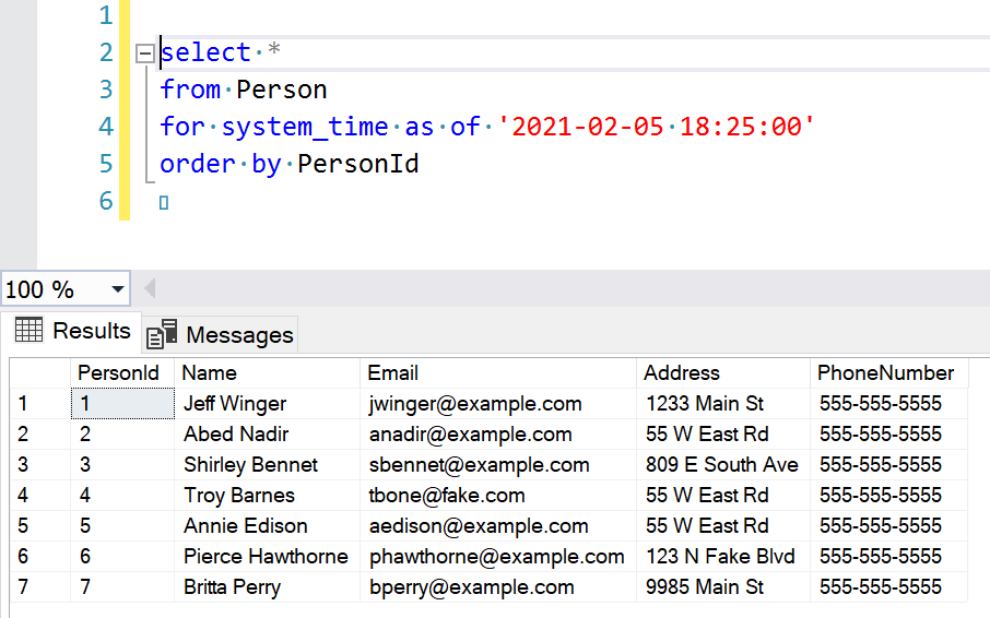 Screenshot showing the "as of" query and results