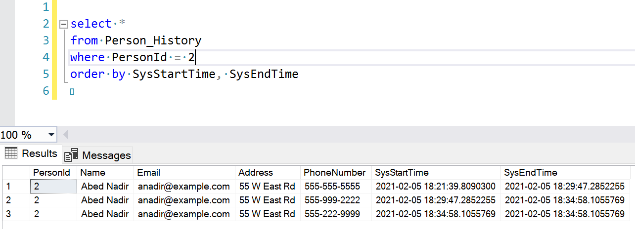 Screenshot showing the history table query and results